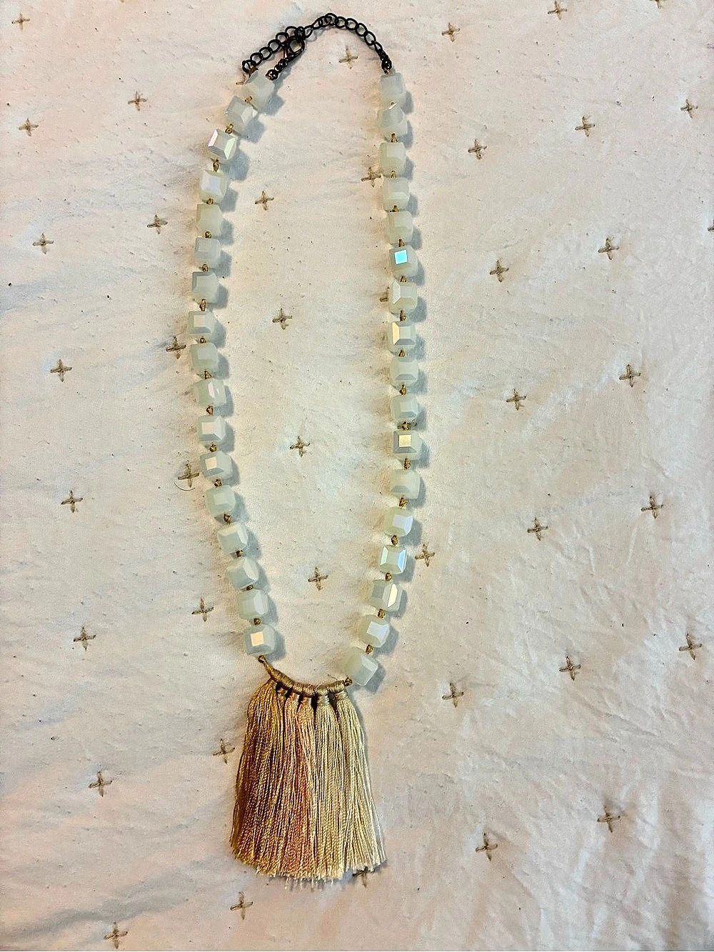 Beaded Tassel Necklace in White & Gold Like New